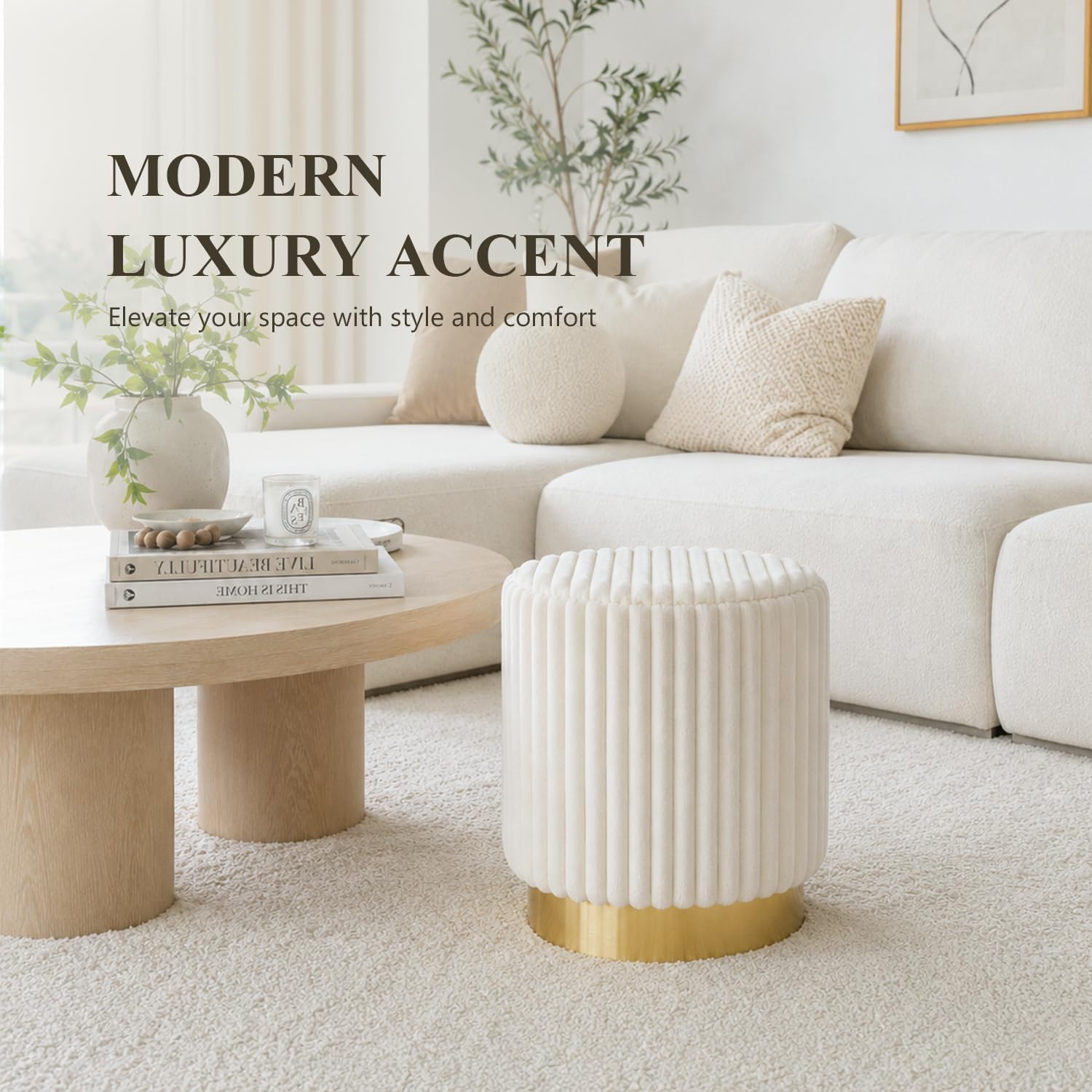 Round Ottoman Stool, Fur-Like Upholstered Small Ottoman Foot Rest with Gold Stainless Steel Plinth Base, Modern Vanity Stool for Living Room, Bedroom, Entryway, White