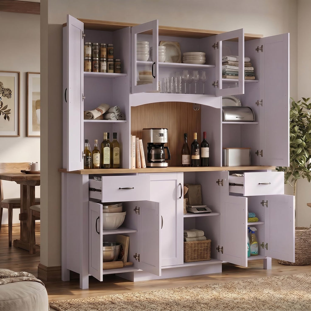 ECACAD 66.9" W Large Kitchen Pantry Storage Cabinet with Countertop & Hutch, Tall Modern Kitchen Cupboard with Glass Doors, Drawers & Adjustable Shelves for Dining Room, Purple & Brown
