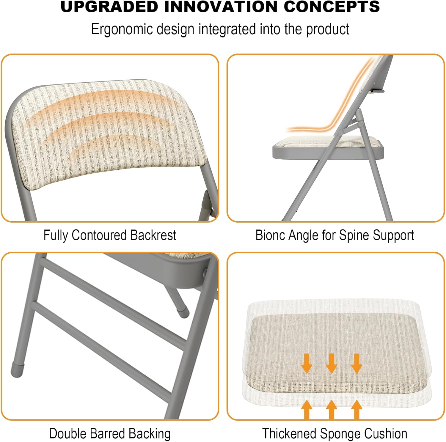 4 Pack Folding Chairs Fabric Dining Chair Set with Padded Cushion and Back, Indoor Outdoor Foldable Seat with Steel Frame for Home Office Events Wedding Party, Oatmeal Strip Seating