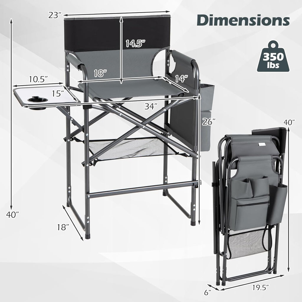 COSTWAY Folding Tall Director Chair, 26" Seat Height Portable Camping Chair with Side Table, Cup Holders, Storage Pockets, Footrest, Compact Makeup Salon Chair Support 350 lbs