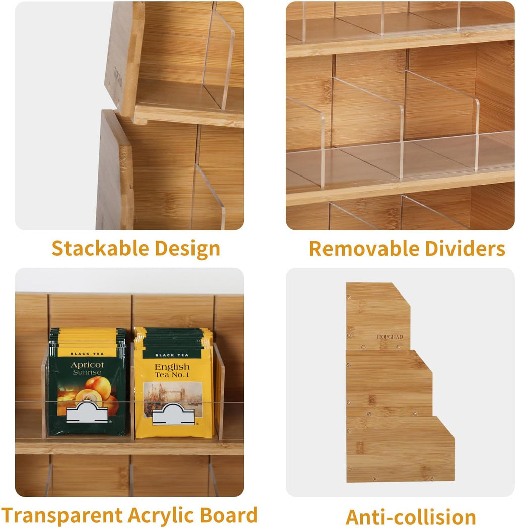 TIOPGHAD 3-Layer Stackable Bamboo Tea Bag Organizer Storage Holder, Natural | Holds 260 tea bags, Removable Compartments, Wood, Acrylic dividers, 12.2 x 7.5 x 13.8 in, for Cabinet, Countertop, Office