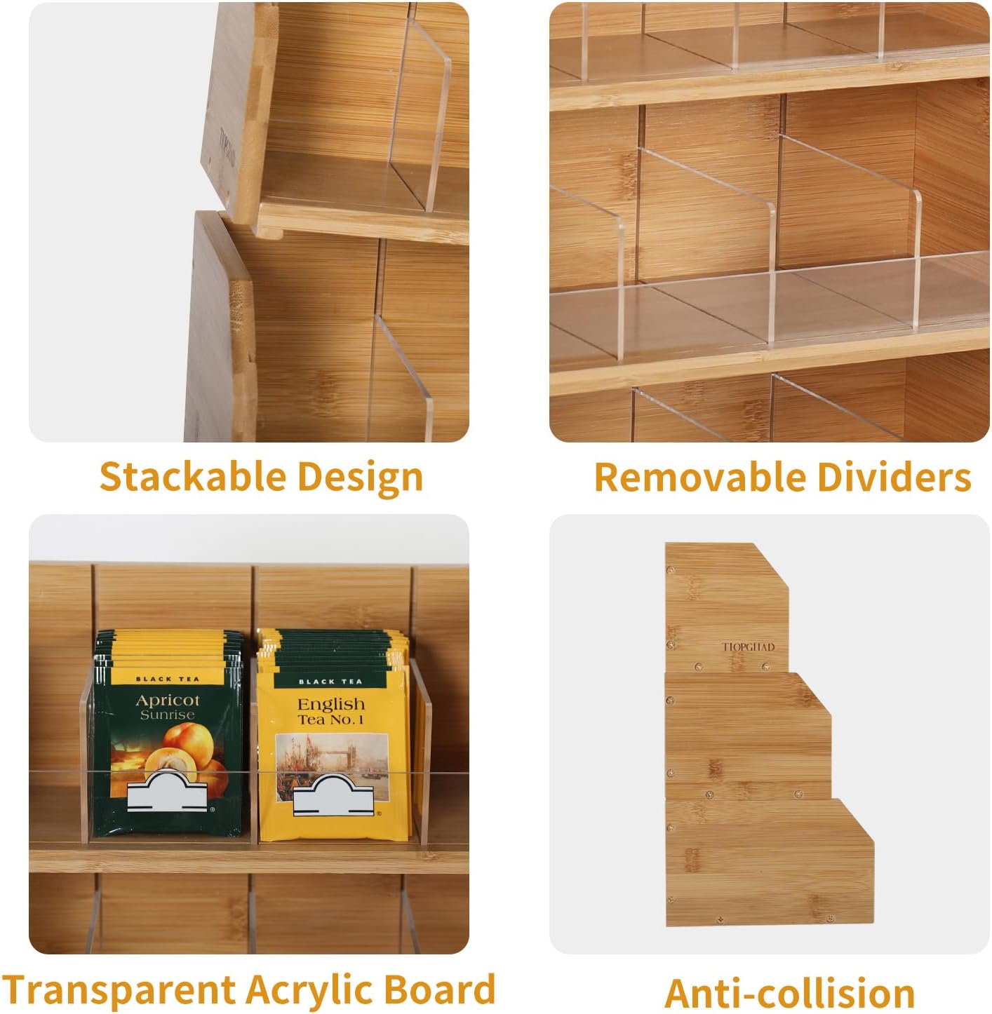 TIOPGHAD 3-Layer Stackable Bamboo Tea Bag Organizer Storage Holder, Natural | Holds 260 tea bags, Removable Compartments, Wood, Acrylic dividers, 12.2 x 7.5 x 13.8 in, for Cabinet, Countertop, Office