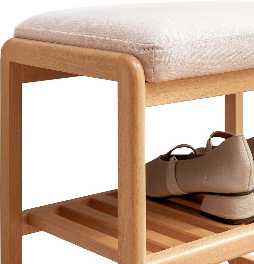 Entryway Shoe Bench with Cushioned Seat, Natural Wood, 2-Tier Storage Shelf, 23.62 x 11.81 x 16.54 in