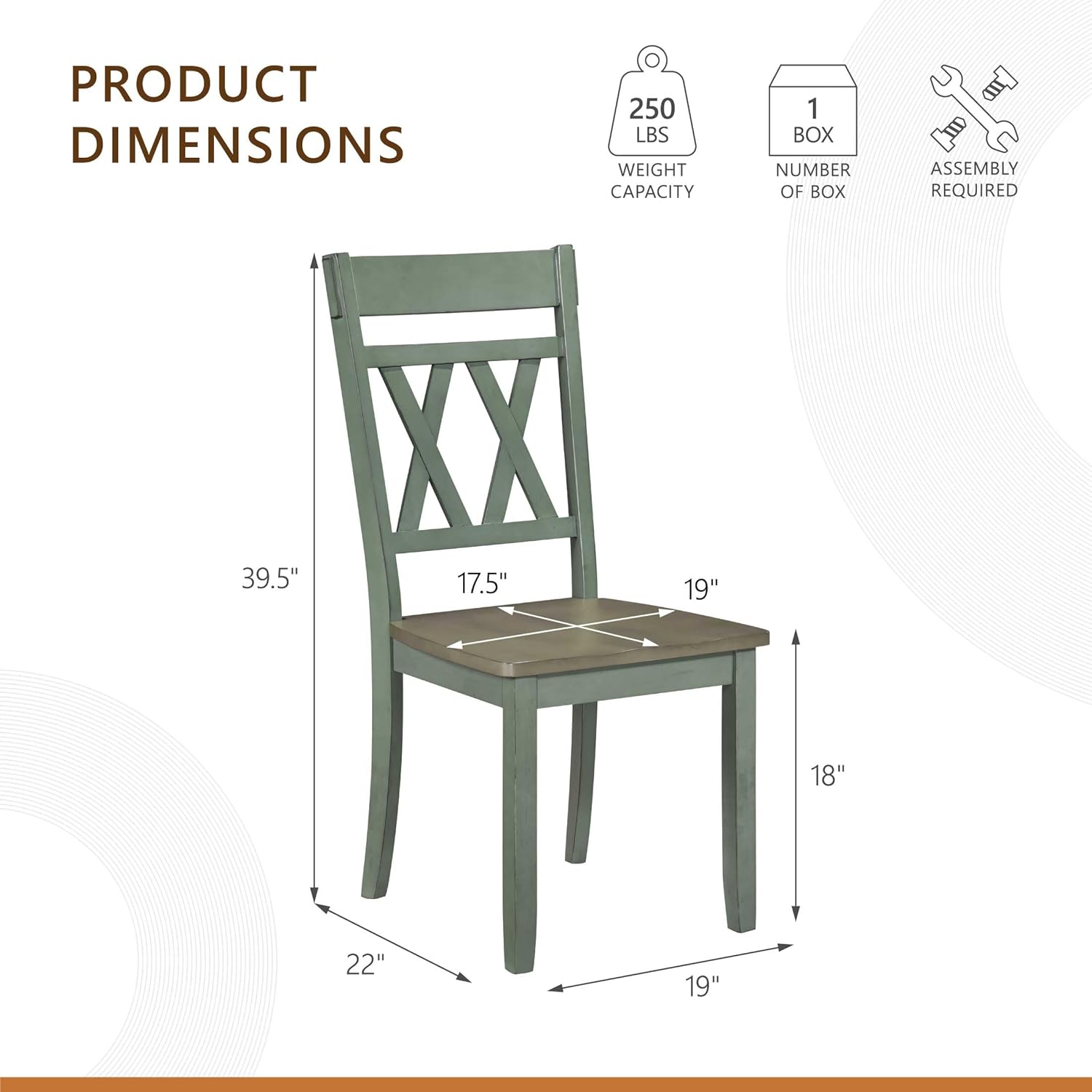 Lexicon Farmhouse Wood Dining Chair, Set of 2, Double Cross Back, Rustic Armless Chairs, Kitchen and Dining Room Furniture, Two-Tone Finish (Greywash and Antique Teal)