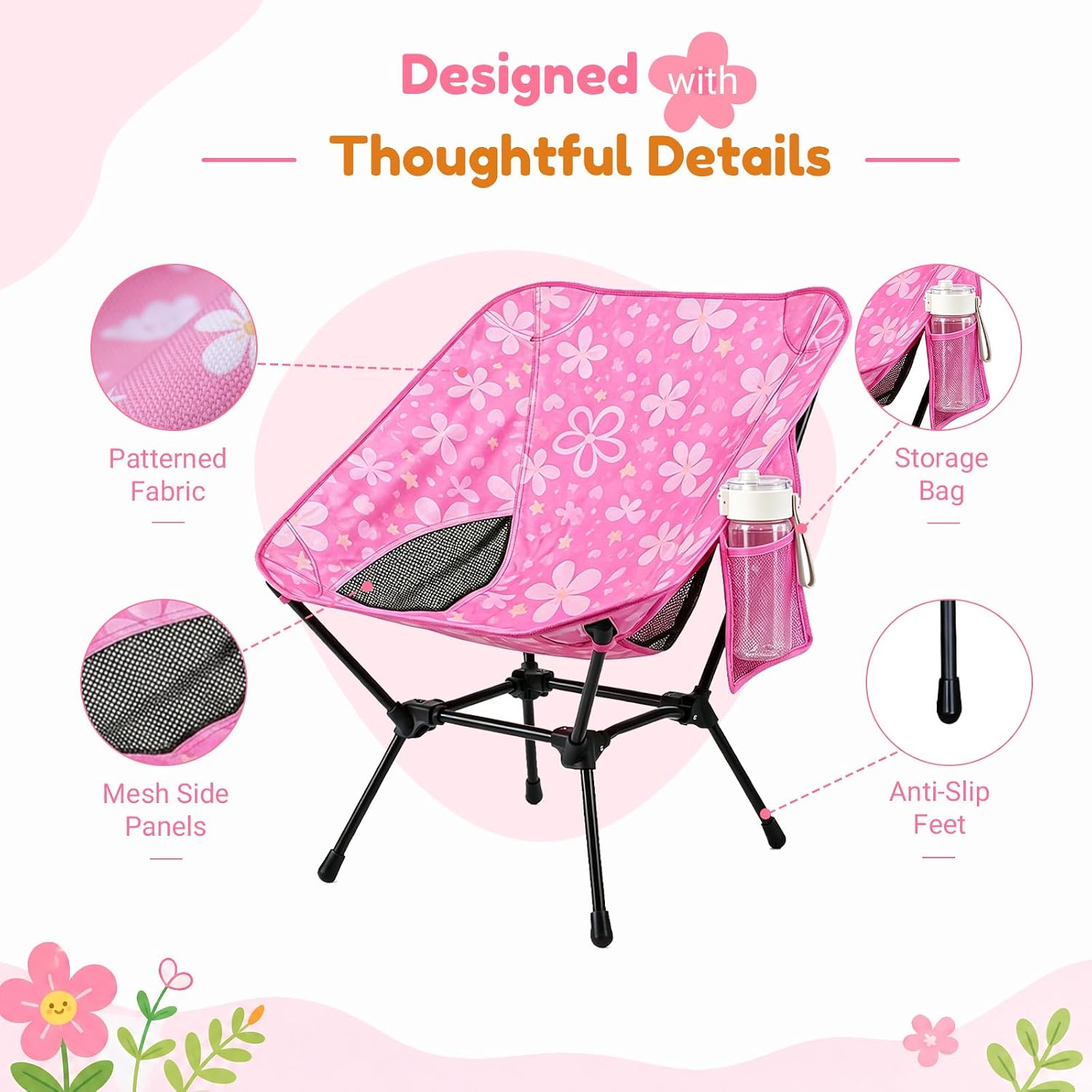 Kids Camping Chair, Kids Beach Chair, Flowers, Carry Bag | Lightweight kids folding chair for camping and beach adventures, perfect as a toddler beach chair with durable steel frame.