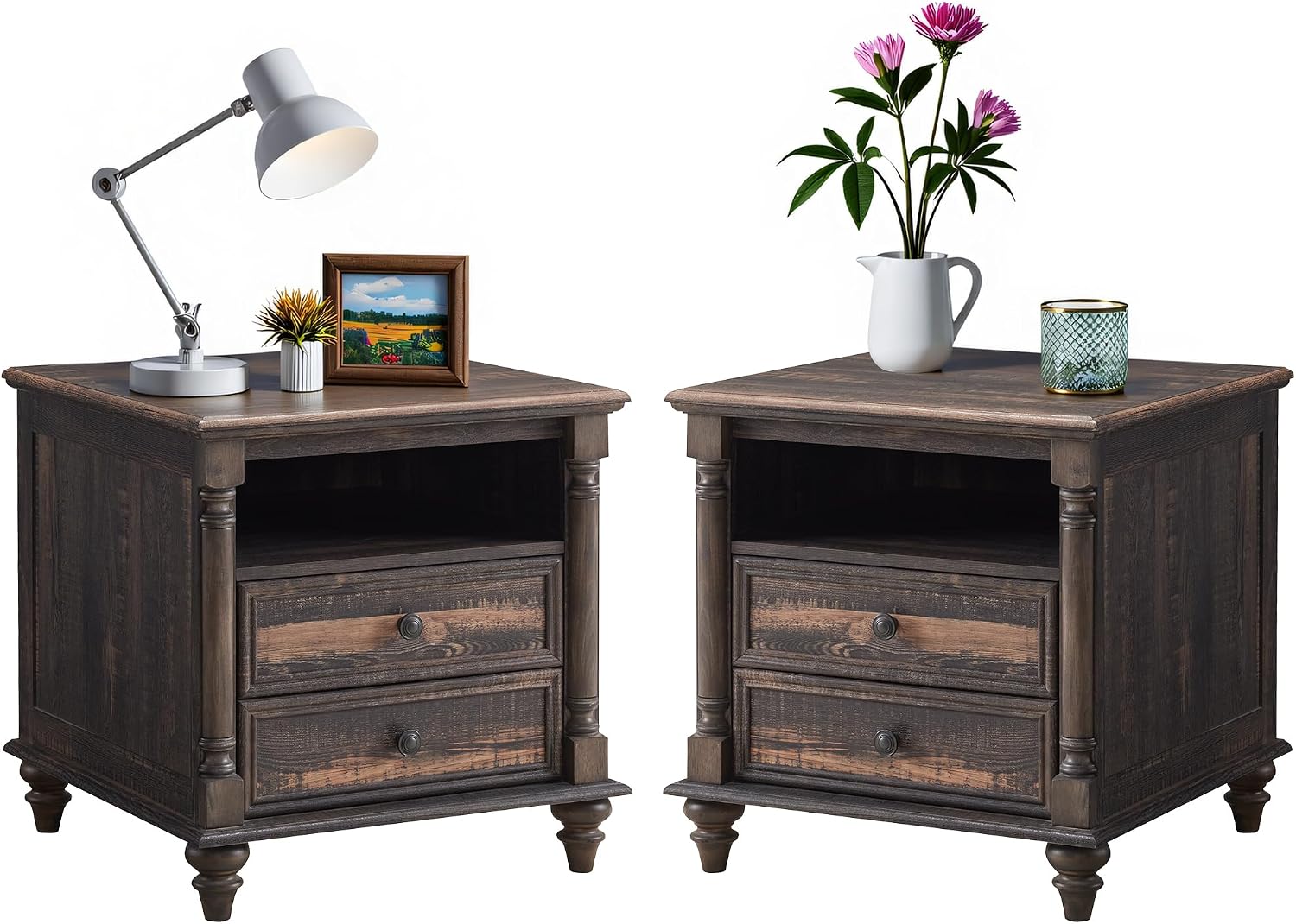 T4TREAM 24'' Farmhouse End Table w/4 Solid Wood Feet Set of 2, Large 2 Drawers Sofa Side Table with Charging Station, Rustic Wood Square Nightstand for Living Room, Bedroom, Office, Dark Rustic Oak