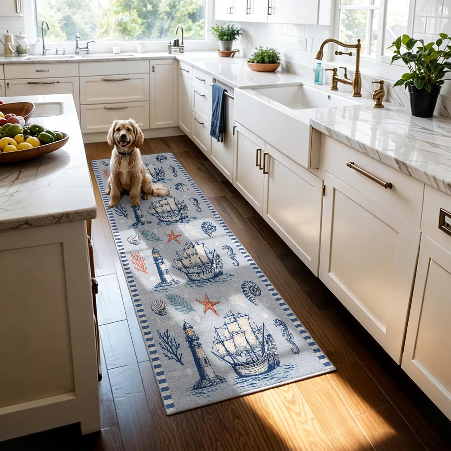 Vintage Nautical Lighthouse Entryway Runner Rug 2' x 5', Coastal Beach Sailing Ship Blue Striped Border Kitchen Floor Carpets, Non-Slip Low-Profile Door Mat for Farmhouse Hallway Dining Room