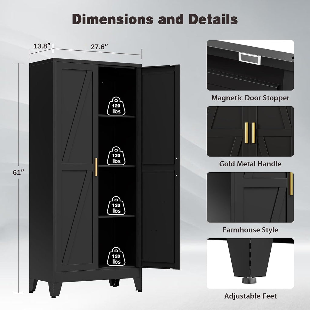 61" Tall Metal Pantry Cabinet, Kitchen Storage Cabinet with 2 Doors and 3 Adjustable Shelves for Kitchen, Living Room, Dining Room, Bathroom and Home, Office (Black, 1PC)