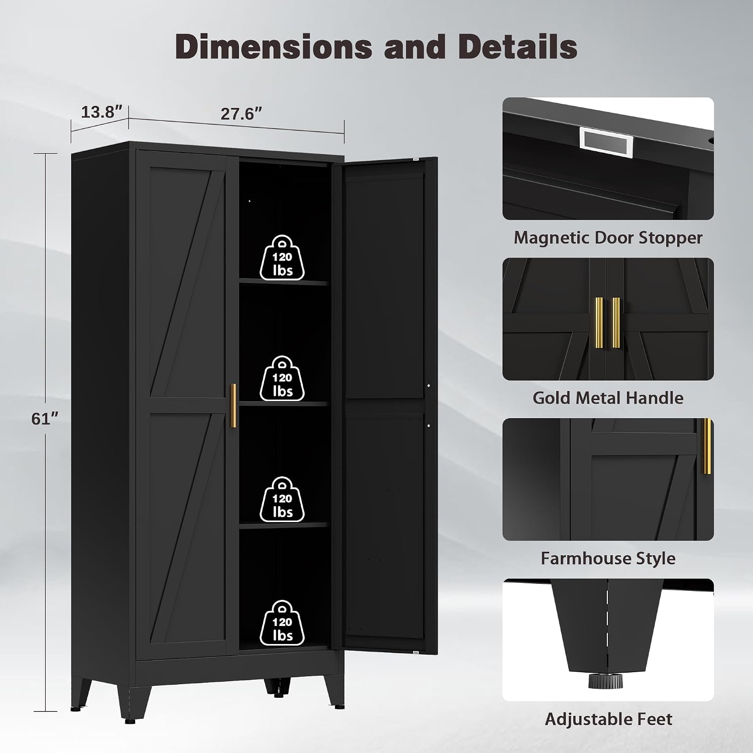 61" Tall Metal Pantry Cabinet, Kitchen Storage Cabinet with 2 Doors and 3 Adjustable Shelves for Kitchen, Living Room, Dining Room, Bathroom and Home, Office (Black, 1PC)