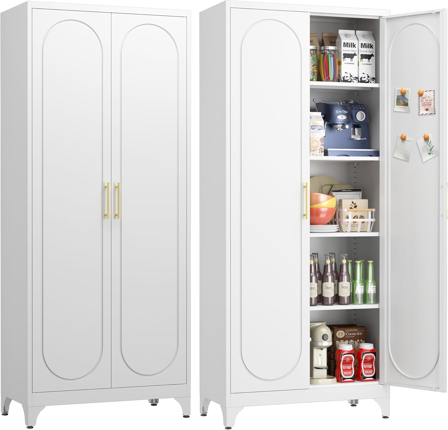 UNICOLY 75" Tall Pantry Storage Cabinet with Doors and 4 Adjustable Shelves, Freestanding Cupboard for Kitchen, Dining Room, Living Room, Bathroom, White