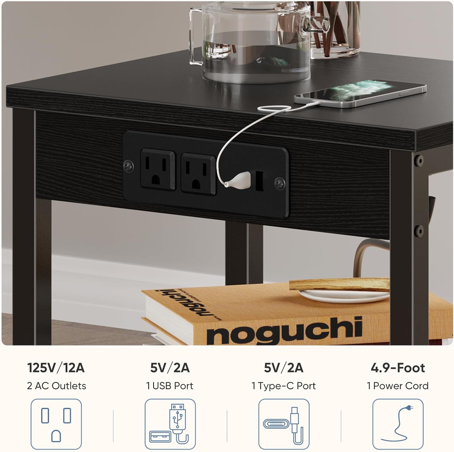 DUMOS 15.7" Small Side Table with Charging Station, End Table with Outlets & USB Ports, 3-Tier Adjustable Storage Nightstand for Living Room, Bedroom, Small Spaces, Record Player Stand, Black