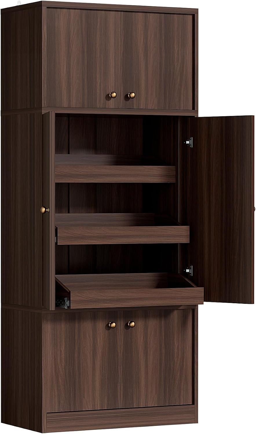 71" Tall Kitchen Pantry Cabinet - Walnut Wood Storage Cabinet with 6 Doors and Adjustable Shelves, Freestanding Kitchen Storage Cabinets with Open Drawers for Kitchen Dining Room Living Room