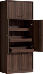 71" Tall Kitchen Pantry Cabinet - Walnut Wood Storage Cabinet with 6 Doors and Adjustable Shelves, Freestanding Kitchen Storage Cabinets with Open Drawers for Kitchen Dining Room Living Room