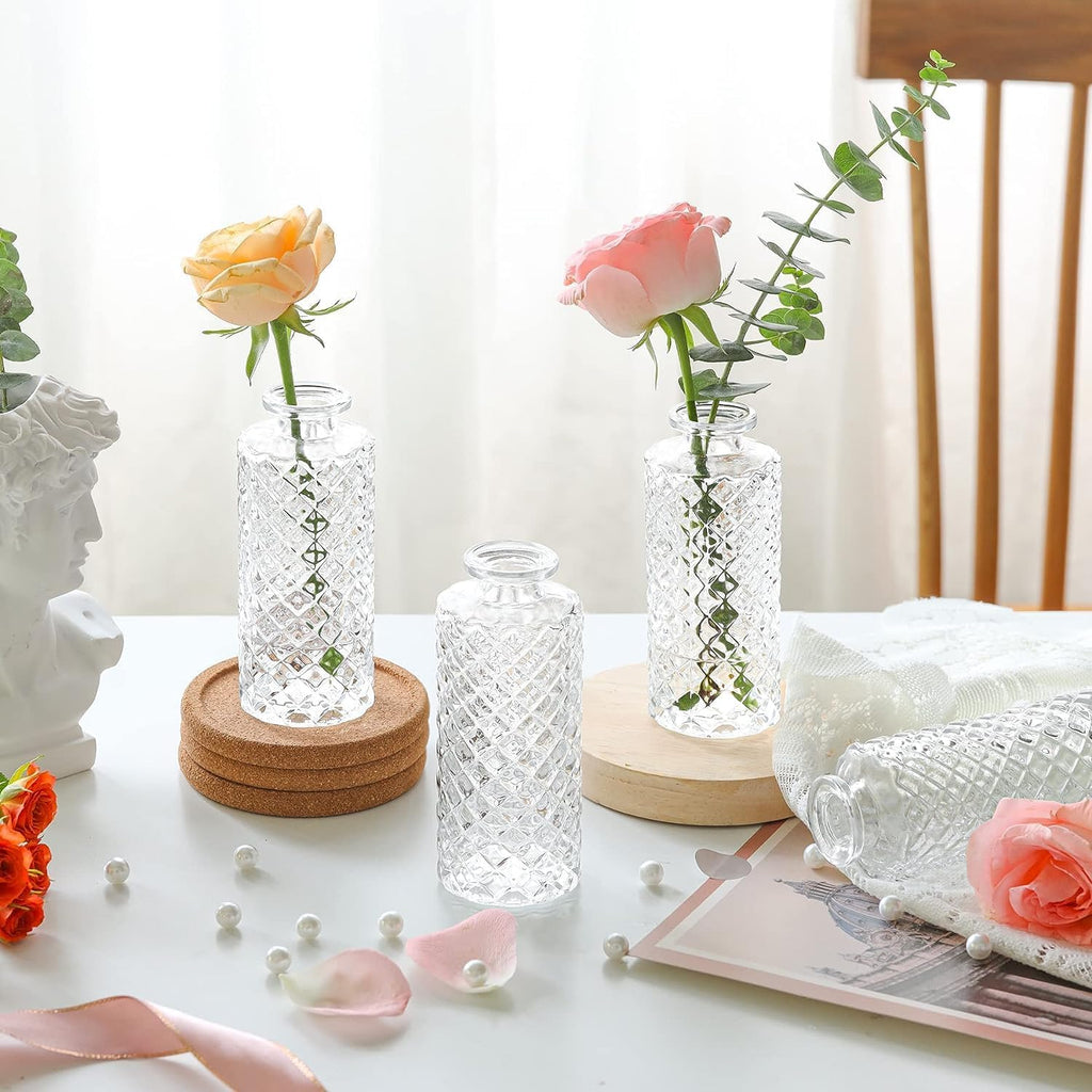 ComSaf Glass Bud Vases Set of 12, Small Diamond Bud Vases in Bulk, Mini Flowers Vases for Centerpieces, Vintage Bottle for Table Decorations, Wedding Decor, Recepetion, Home, (Clear)