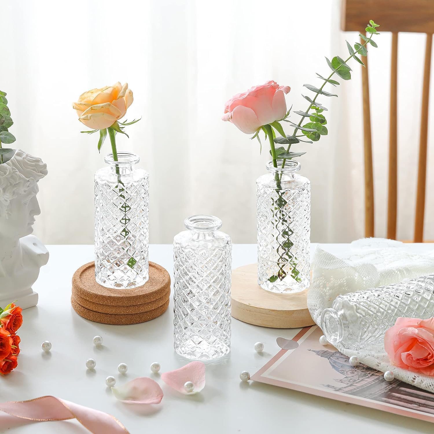 ComSaf Glass Bud Vases Set of 12, Small Diamond Bud Vases in Bulk, Mini Flowers Vases for Centerpieces, Vintage Bottle for Table Decorations, Wedding Decor, Recepetion, Home, (Clear)