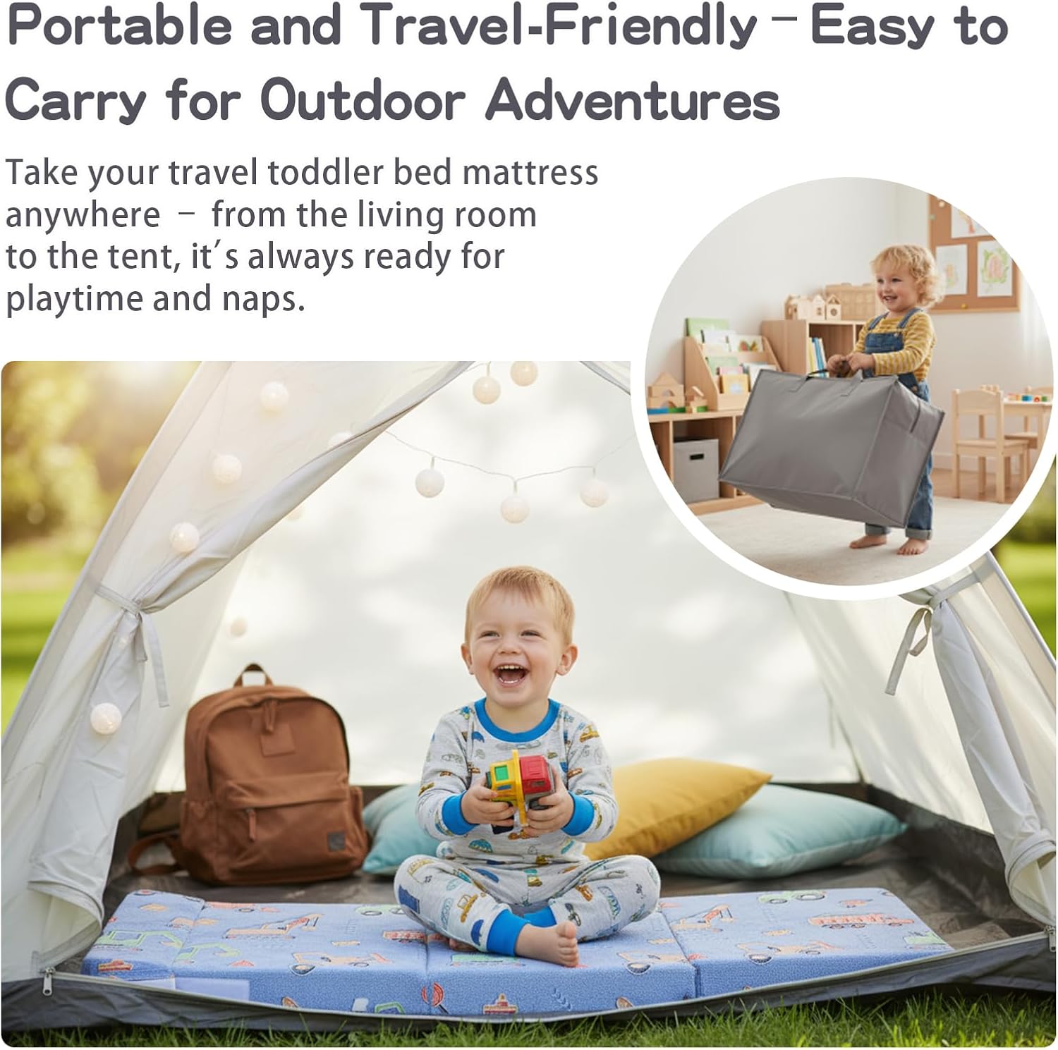 Tiita Foldable Floor Mattress for Kids-Glow in The Dark Toddler Nap Mat with Storage Bag, Portable Toddler Floor Nap for Travel, Daycare, Camping, RV, Playroom, Vehicles