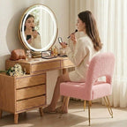 Vanity Chair with Storage & Folding Backrest, Cute Pink Faux Fur Vanity Stool, Comfy Padded Make Chair for Makeup Bedroom, Adjustable Back & Plush Cushion Seat,16.6" Wide 11L Storage Space