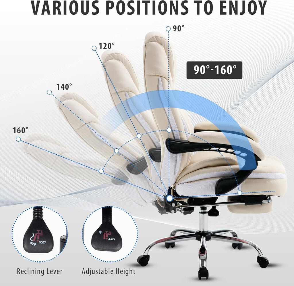 Comfortable Office Desk Chair with Foot Leg Rest, PU Leather Ergonomic Reclining Office Chair with Footrest Back Lumbar Support, Beige