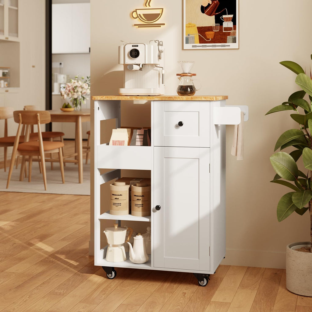 Gizoon Kitchen Island Cart on Wheels, Rolling Serving Utility Cart with Drawers and Doors, Bar Cart with Adjustable Shelf and Removable Tray for Dining Room, White, Tabletop-Oak Color