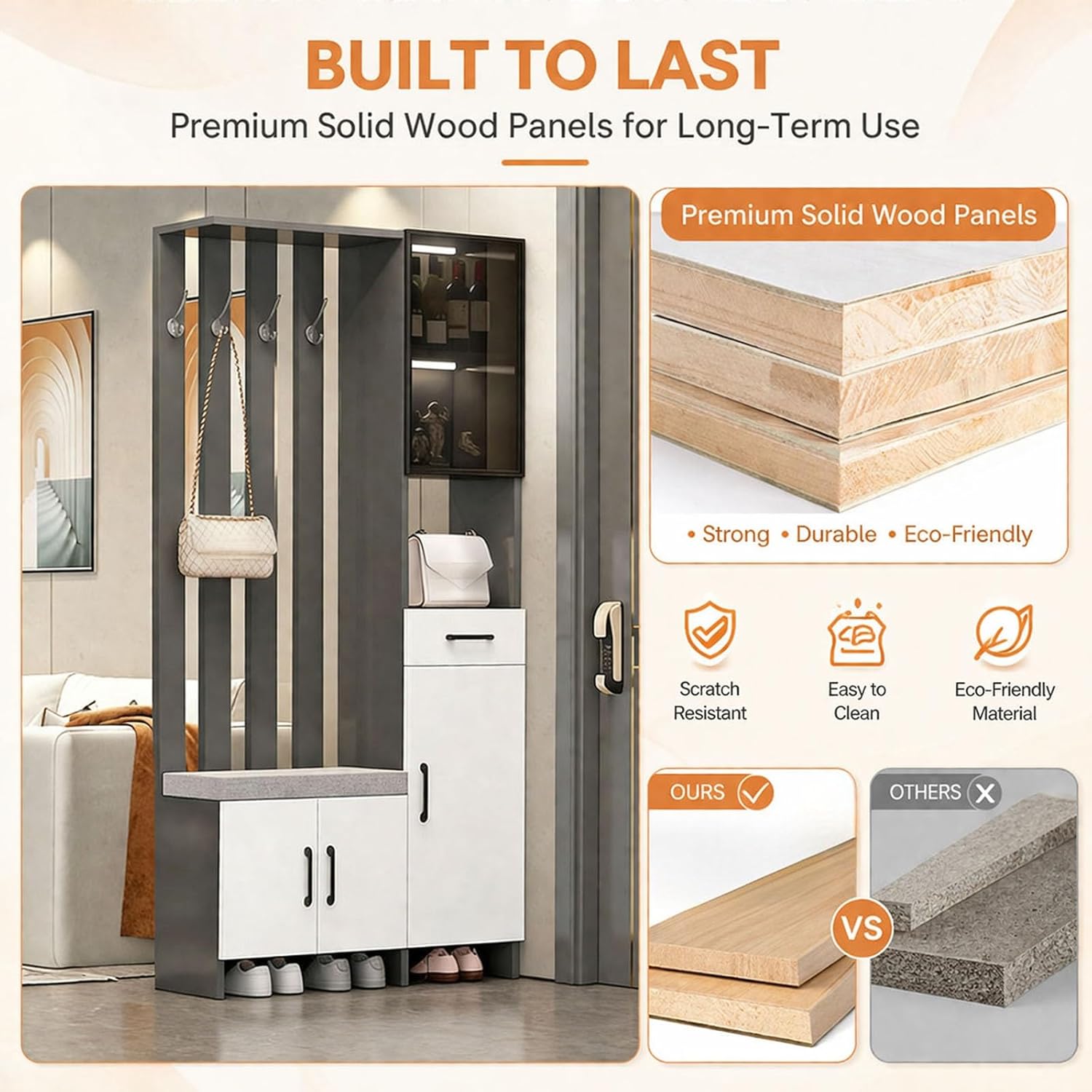 Wall Room Divider with Storage, 78.7" Tall Entryway Hall Tree Room Partition with Shoe Cabinet,Freestanding Wood Privacy Screen with Coat Rack, Bench & Glass Display(White+Left Side,80cm/31.5in)