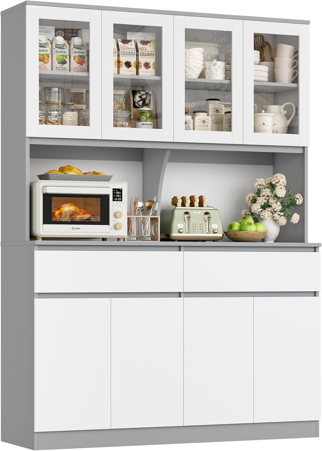 Keyluv 75" x 55" Kitchen Pantry Storage Cabinet with Glass Doors and Drawers, Wide China Cabinet Hutch with Microwave Stand Coffee Bar, Food Pantry with Hutch Shelf for Dining Room, White/Grey