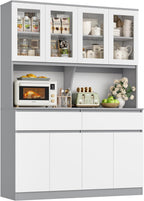 Keyluv 75" x 55" Kitchen Pantry Storage Cabinet with Glass Doors and Drawers, Wide China Cabinet Hutch with Microwave Stand Coffee Bar, Food Pantry with Hutch Shelf for Dining Room, White/Grey
