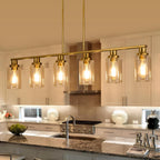 Kitchen Island Lighting, 6-Light Modern Dining Room Light Fixture Over Table,44.3'' Vintage Farmhouse Gold Linear Chandelier, Industrial Pendant Lights for Kitchen Island with Clear Glass Shade