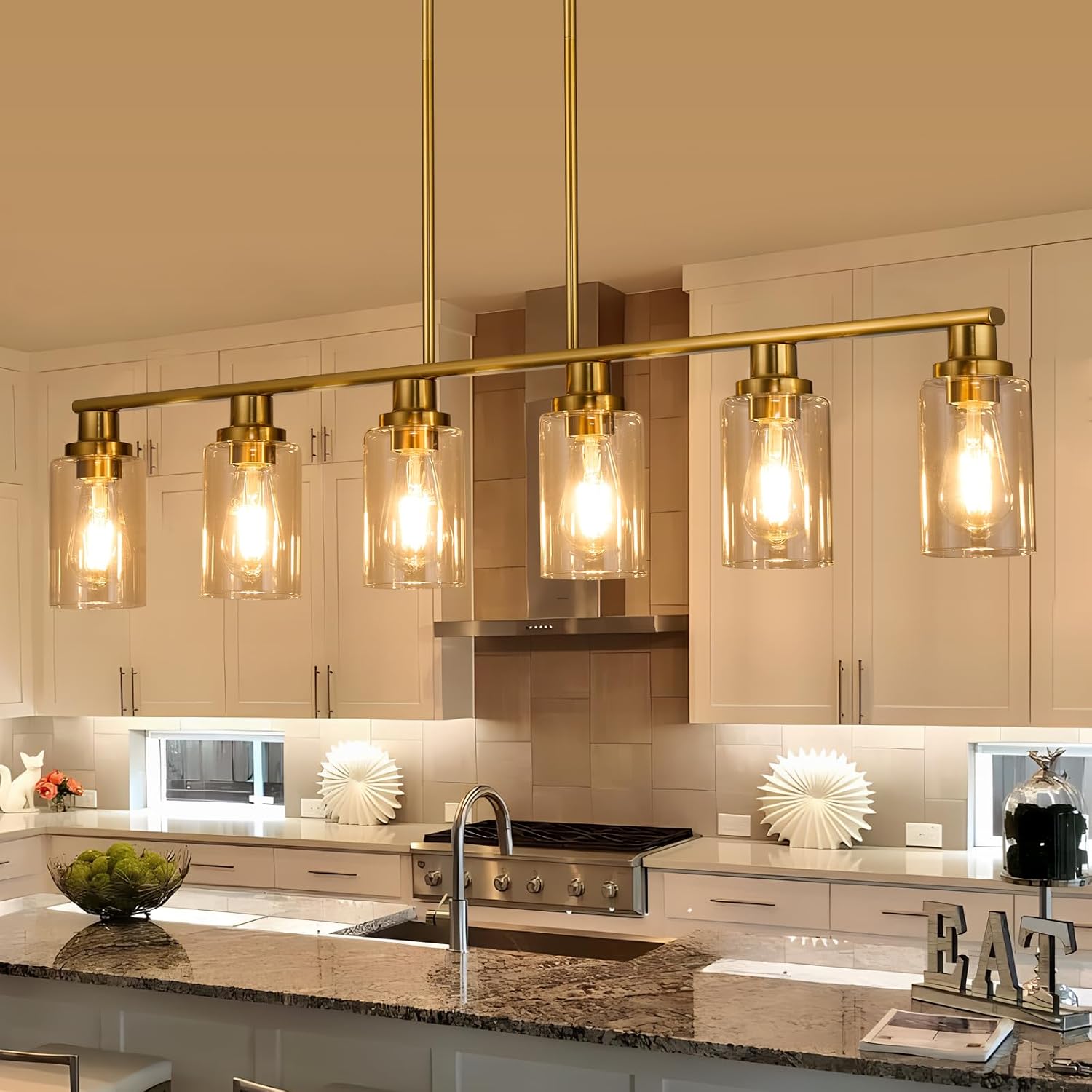 Kitchen Island Lighting, 6-Light Modern Dining Room Light Fixture Over Table,44.3'' Vintage Farmhouse Gold Linear Chandelier, Industrial Pendant Lights for Kitchen Island with Clear Glass Shade