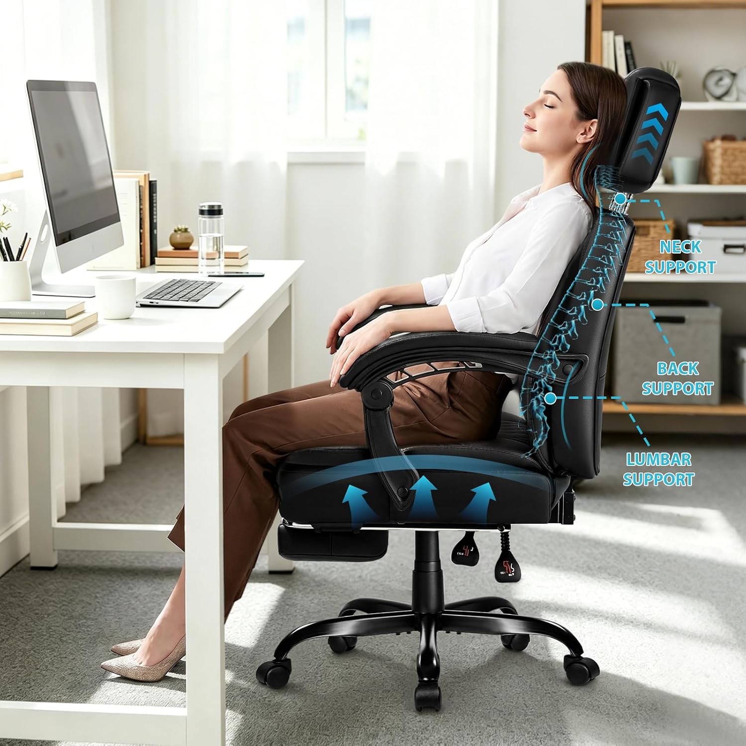 PRETZI Executive Office Chair 400LBS, Ergonomic Office Chair with Foot Rest, Heavy Duty Desk Chair for Home Office, Reclining High Back PU Leather Computer Chair Comfy, Black