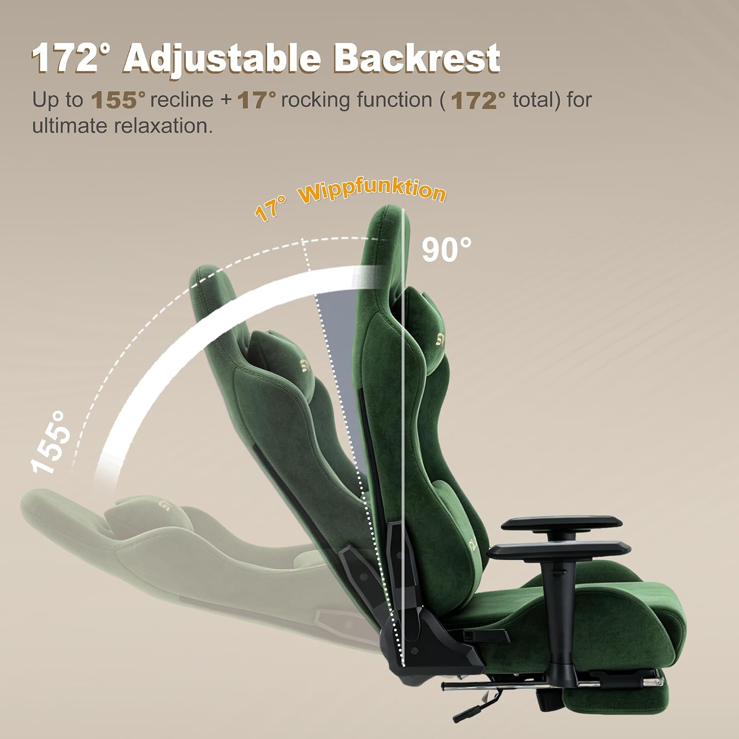 Symino Gaming Chair, Ergonomic Office Chair with 2D Armrests, 150° Recline, Breathable Faux Suede Fabric, Adjustable Headrest, Computer Desk Chair for Home Office, with Footrest, Green
