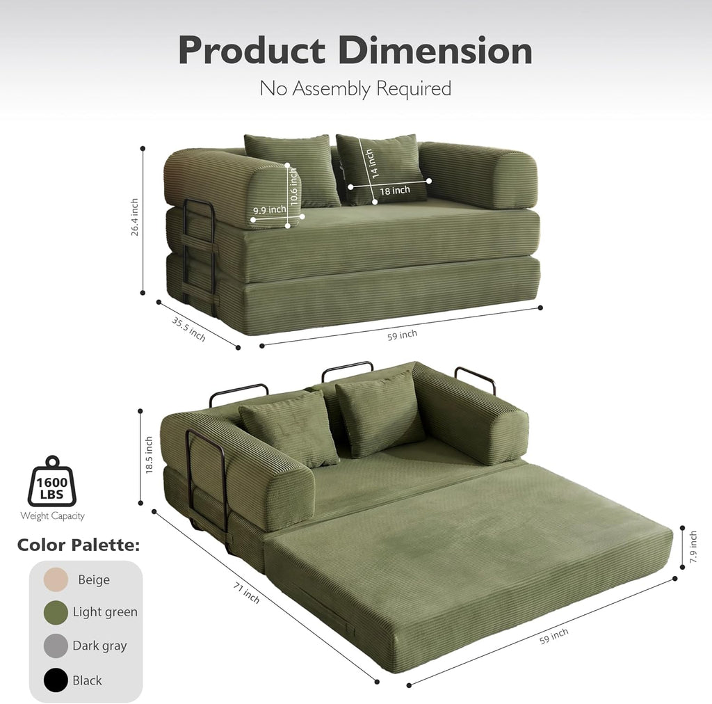 59in Convertible Sofa Bed, Corduroy Boneless Couch Bed, Futon Sleeper Sofa Pull Out Bed, Foldable Couch for Living Room Apartment, No Assembly Required