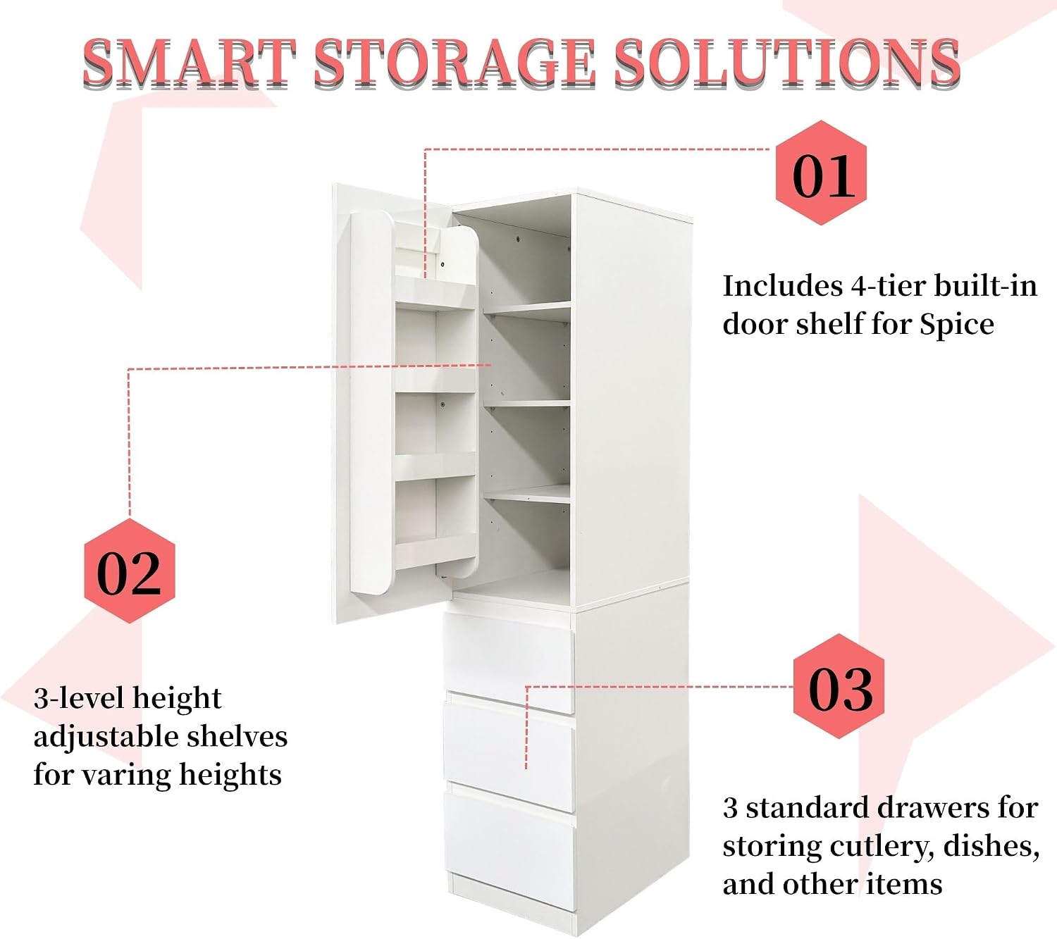 71" Tall Kitchen Pantry Cabinet with Storage, Modern Kitchen Storage Cabinet with 3 Drawers and Cabinet Door Organzier, Kitchen Cupboard with Adjustable Shelves for Dining Room, White