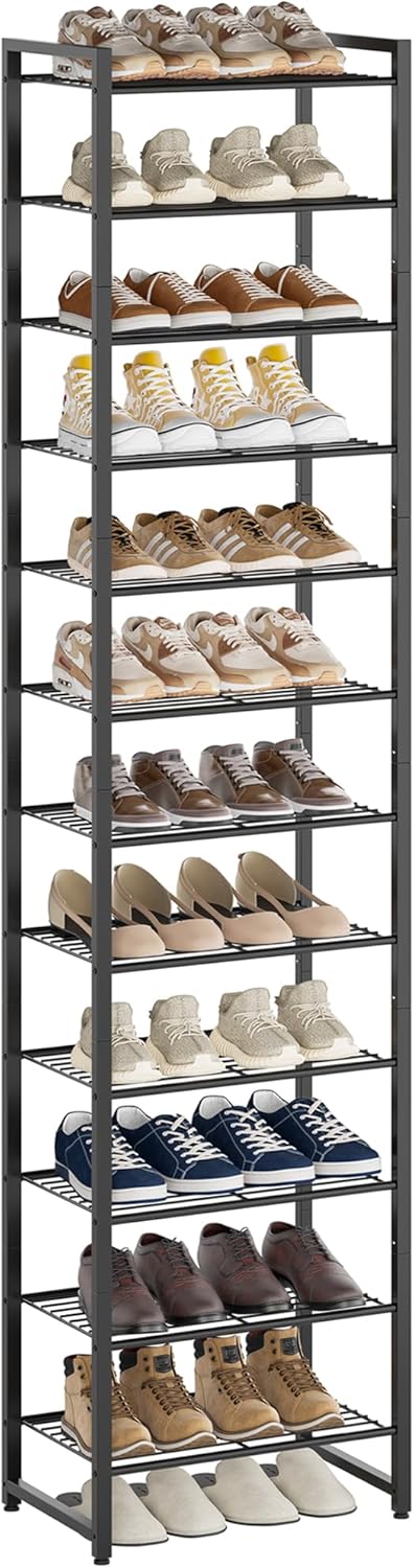 Nunsino Narrow Shoe Rack, 12-Tier Metal Shoe Organizer,Tall Shoe Shelf with Anti-Tip Strap, Max Holds 26 Pairs,Space Saving for Closet,Entryway,Black