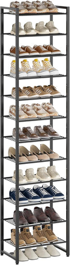 Nunsino Narrow Shoe Rack, 12-Tier Metal Shoe Organizer,Tall Shoe Shelf with Anti-Tip Strap, Max Holds 26 Pairs,Space Saving for Closet,Entryway,Black