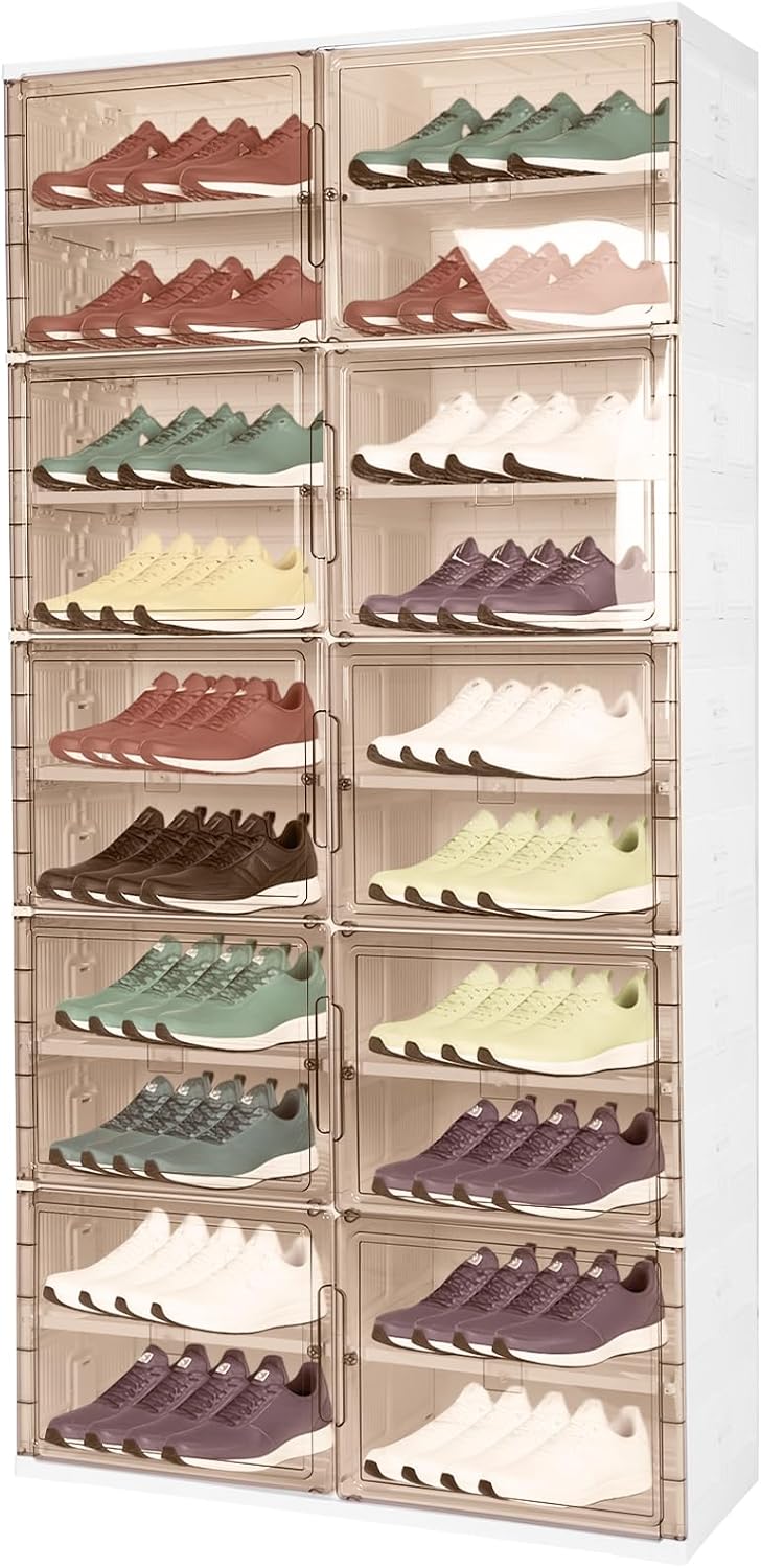 10 Tiers 40 Pairs Large Plastic Folding Shoe Cabinet with Doors Foldable Shoe Rack Organizer Cabinet for Closet Entryway Living Room