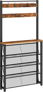 HOOBRO Hall Tree with Bench, Narrow Shoe Rack with Coat Rack, Coat Rack with Shoe Storage, 5 Tier Slanted Shoe Storage Organizer, Coat and Shoe Rack Entryway, Slim Hall Tree, Rustic Brown BF20MT01