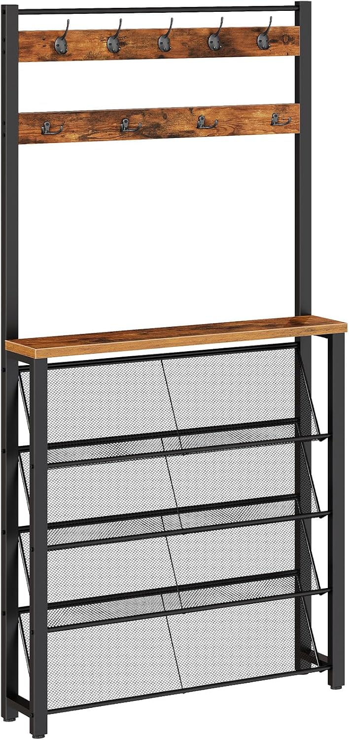 HOOBRO Hall Tree with Bench, Narrow Shoe Rack with Coat Rack, Coat Rack with Shoe Storage, 5 Tier Slanted Shoe Storage Organizer, Coat and Shoe Rack Entryway, Slim Hall Tree, Rustic Brown BF20MT01