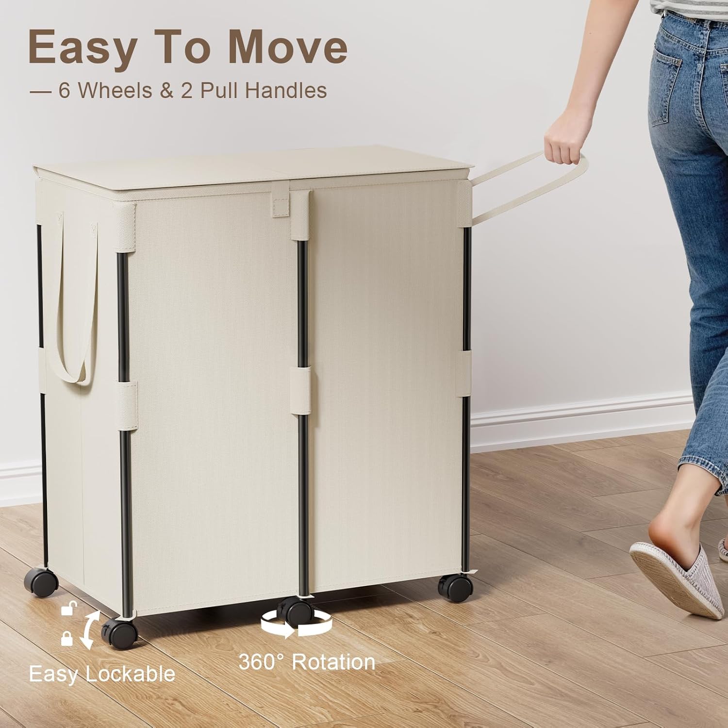 140L Double Laundry Hamper with Lid and 6 Wheels, Rolling Laundry Basket with 2 Removable Bags, Heavy Duty Metal Frame Clothes Cart, 2-Section Laundry Sorter for Bedroom, Bathroom (White)