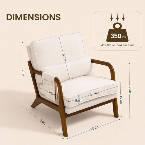 1 PCS Accent Chair for Living Room, Mid-Century Modern Armchair with Solid Wood Frame and Side Pocket, Upholstered Reading Chair for Bedroom, Small Spaces, Apartment, Beige