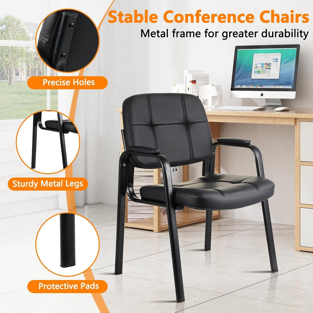 CLATINA Office Reception Guest Chair with Bonded Leather Padded Arm Rest, Ergonomic Guest Chair for Waiting Room Lobby Meeting Church Conference School, Black, 2 Pack