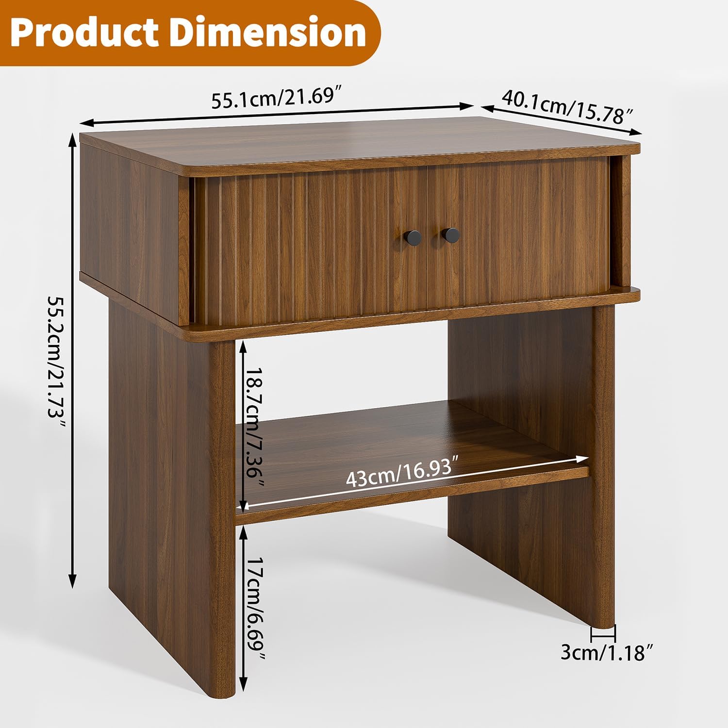 Fluted Nightstand Set of 2, Walnut End Table with Sliding Doors, Bedside Table Mid Century Modern with Open Shelf, Large Night Stand for Bedroom, Living Room, Space Saving