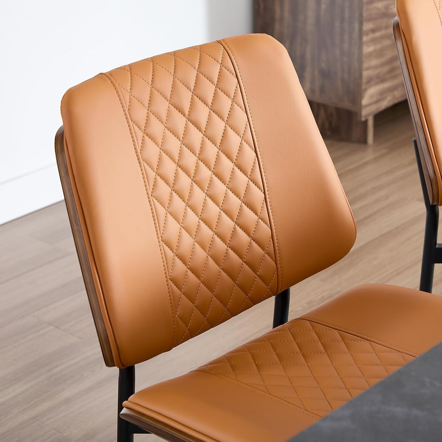 Set of 4 Dining Chairs, PU Leather Armless Kitchen Chairs with Curved Walnut Style, Mid Century Modern Bentwood Side Chairs, Metal Legs Retro Accent Seating for Dining Room Kitchen(Brown)