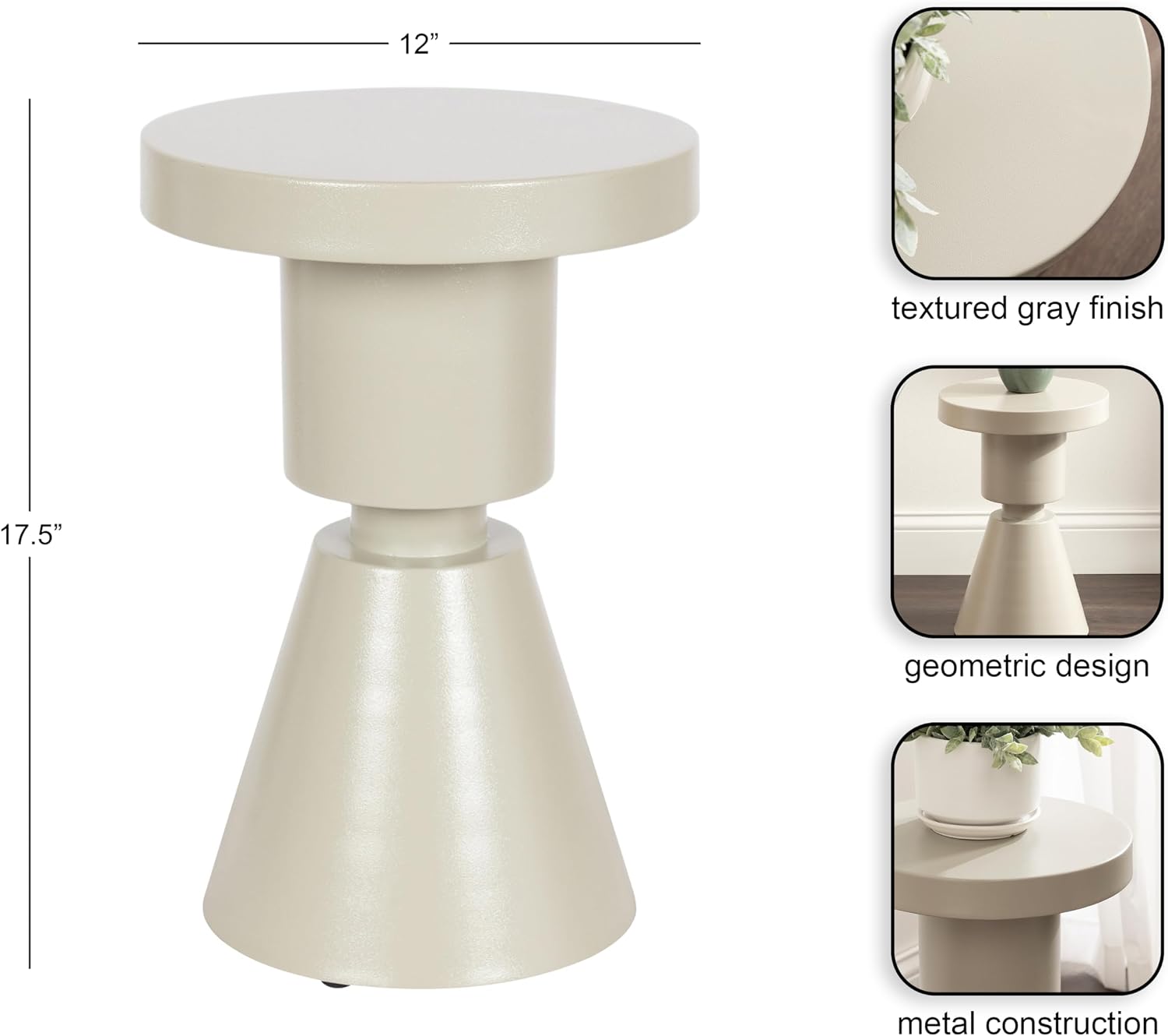 Kate and Laurel Boswell Modern Textured Metal Round Side Table, 12 x 12 x 18, Gray, Geometric Circle End Table for Use as Unique Bedroom Nightstand or Fun Indoor Plant Stand