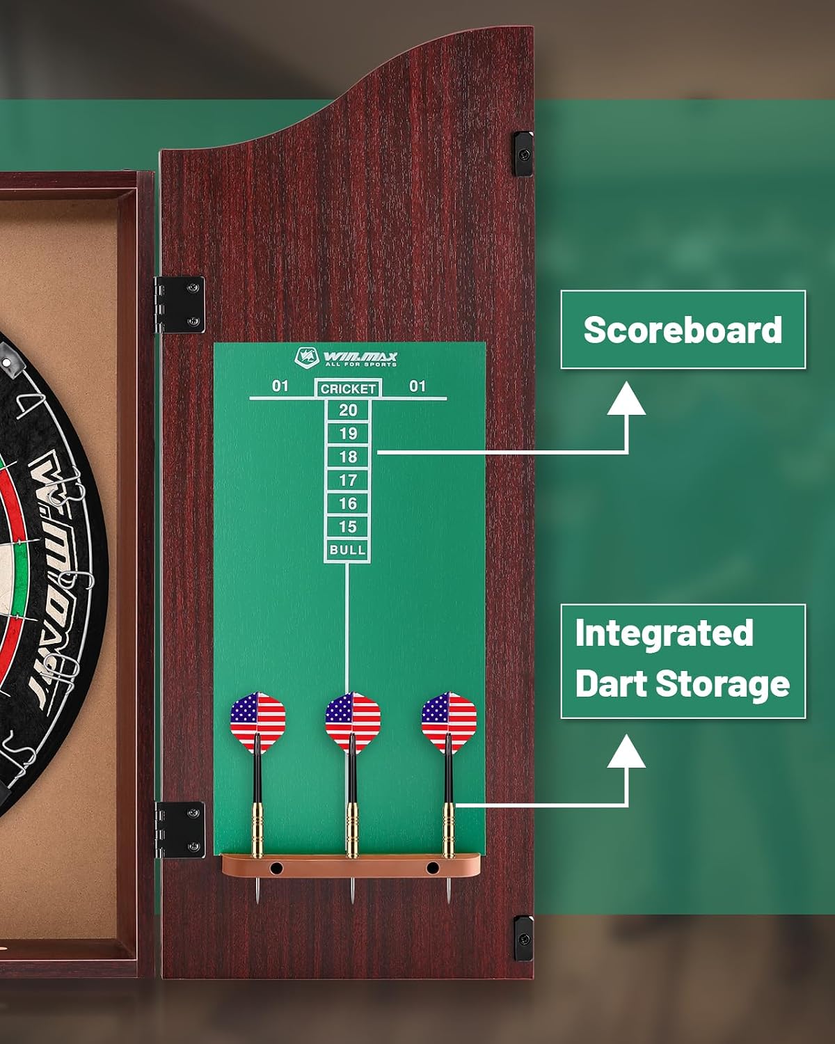 Dart Board Cabinet Set for Adults, 18-inch Dartboard with 6 Steel Tip Darts | Self‑Healing Fibers, Chalkboard Scoring, Rotating Number Ring, Regulation Size for Game Room, Man Cave and Home Bar, Brown