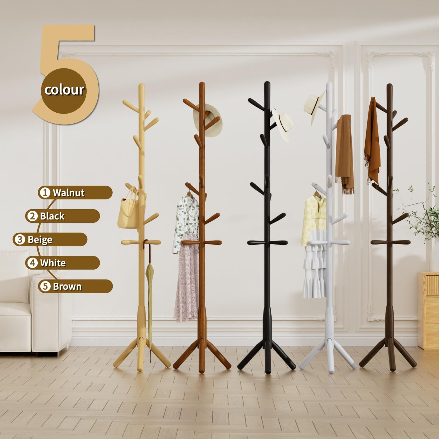 Solid Wood Coat Rack, Freestanding Tree-Shaped Coat Rack with 11 Hooks, Main Pole 1.6" dia,for Clothes, Hat Stand Used in Bedroom/Office/Entryway (3-Leg Base, Dark Walnut)
