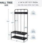 Allewie Coat Rack Shoe Bench, 75" Freestanding Hall Tree, Entryway Bench with Storage Shelves, Upholstered Sponge-Padded Seat, Organized with 5 Hooks, Industrial Furniture, Easy Assembly, Black