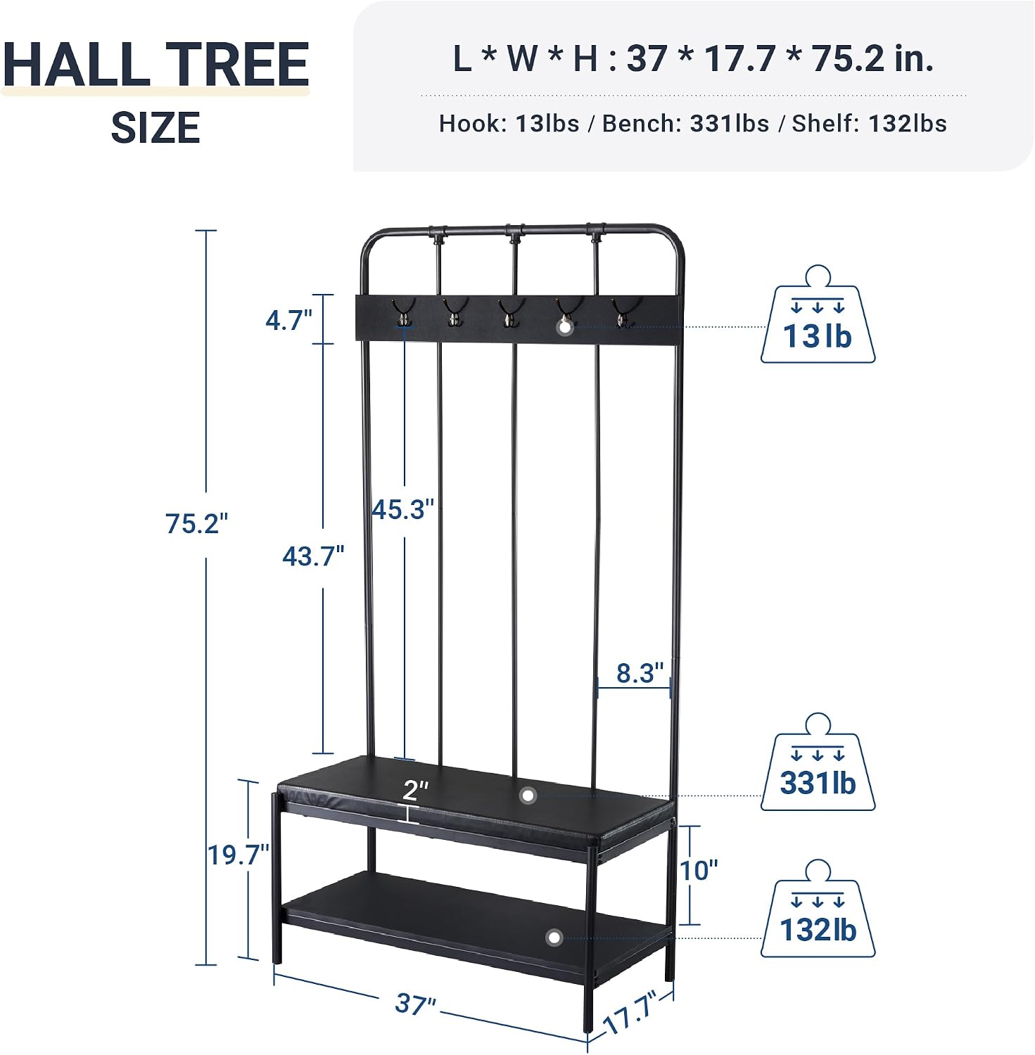 Allewie Coat Rack Shoe Bench, 75" Freestanding Hall Tree, Entryway Bench with Storage Shelves, Upholstered Sponge-Padded Seat, Organized with 5 Hooks, Industrial Furniture, Easy Assembly, Black