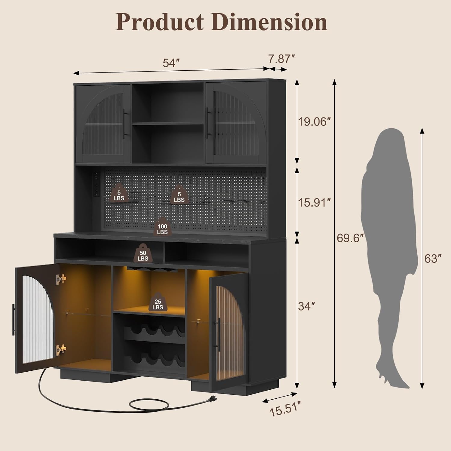 71" Pantry Cabinet, 54" Wide Kitchen Cabinet with Charging Station, Kitchen Hutch Storage with Pegboard and LED Light, Large Pantry Cabinets with Adjustable Shelves & Wine Rack for Dining Room, Black