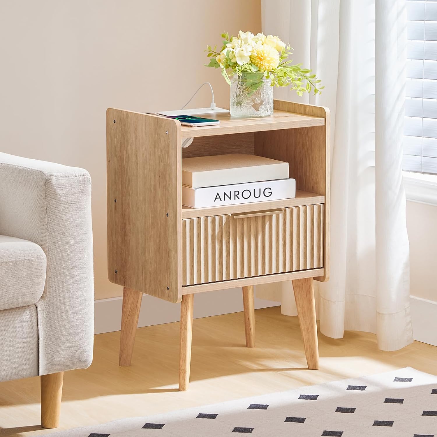 MAHANCRIS Nightstand with Charging Station and Modern Bedside Table Bundle, Natural End Table with Storage Drawers, Open Storage, Night Stand with Solid Wood Legs, for Bedroom, ETNA61E01-ETNA69E01