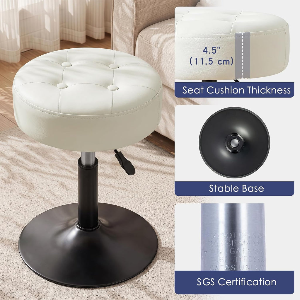 Furniliving Adjustable Swivel Vanity Stool, Makeup Ottoman Stool, PU Leather Chair for Makeup Room, Small Makeup Stool for Vanity, Bedroom, Living Room, White